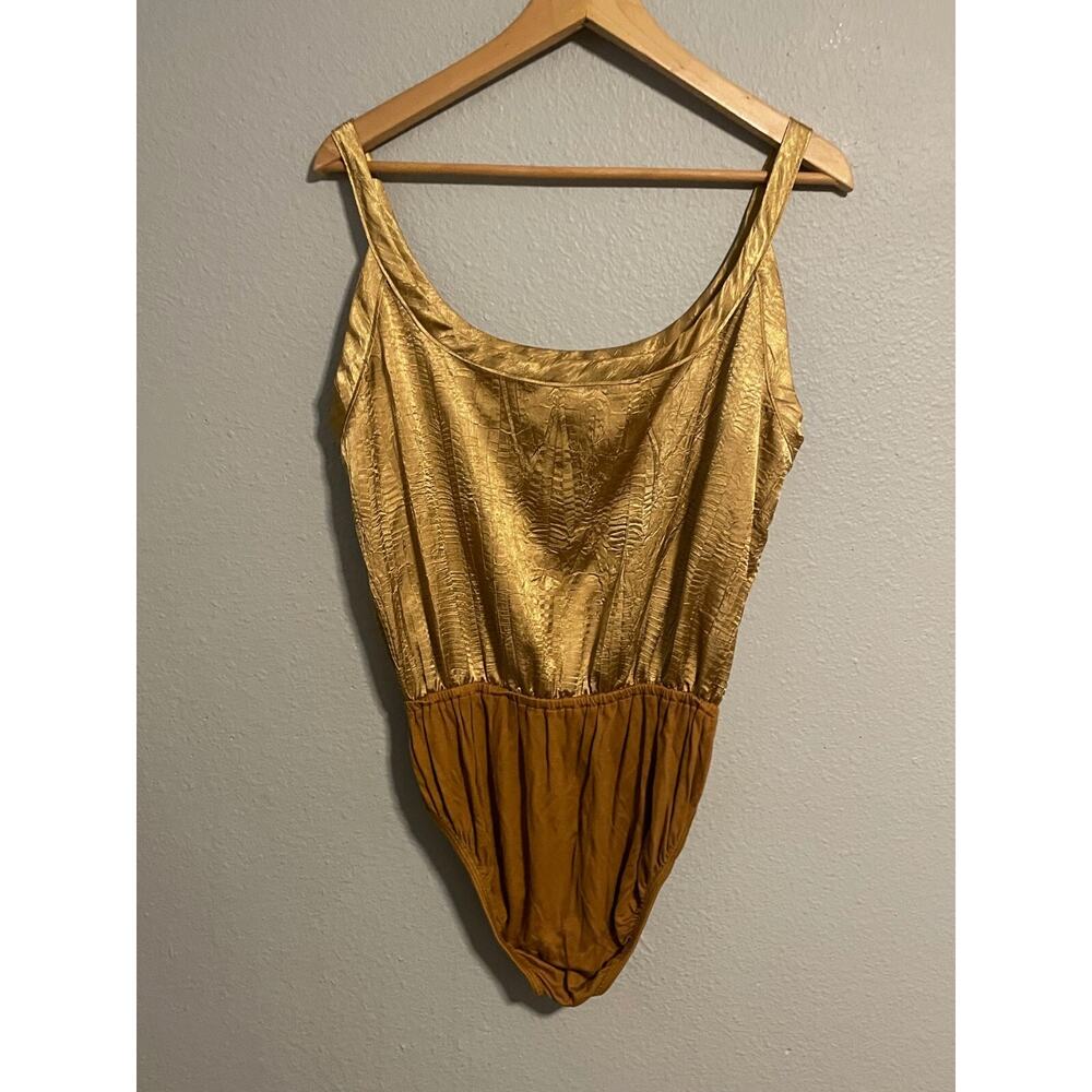 Vintage Jeanne Marc Womens Bodysuit Medium Gold Satin Sleeveless Designer 80s - Picture 2 of 7